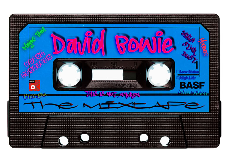 A black cassette tape with a blue label featuring colorful text and designs.
