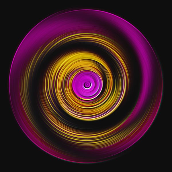 A swirling abstract pattern with vibrant pink and yellow concentric circles on a black background.
