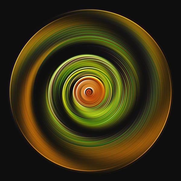 A circular, abstract design with swirling patterns in shades of green, orange, and yellow on a black background.